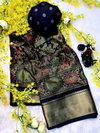 Tew Soft Bleck Dola Silk Kalamkari Design Sarees